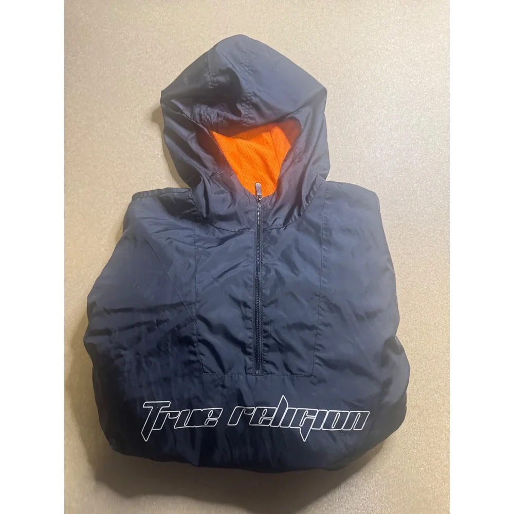 True Religion Mens Anorak Pullover Hooded Jacket Black‎ Orange Size Large